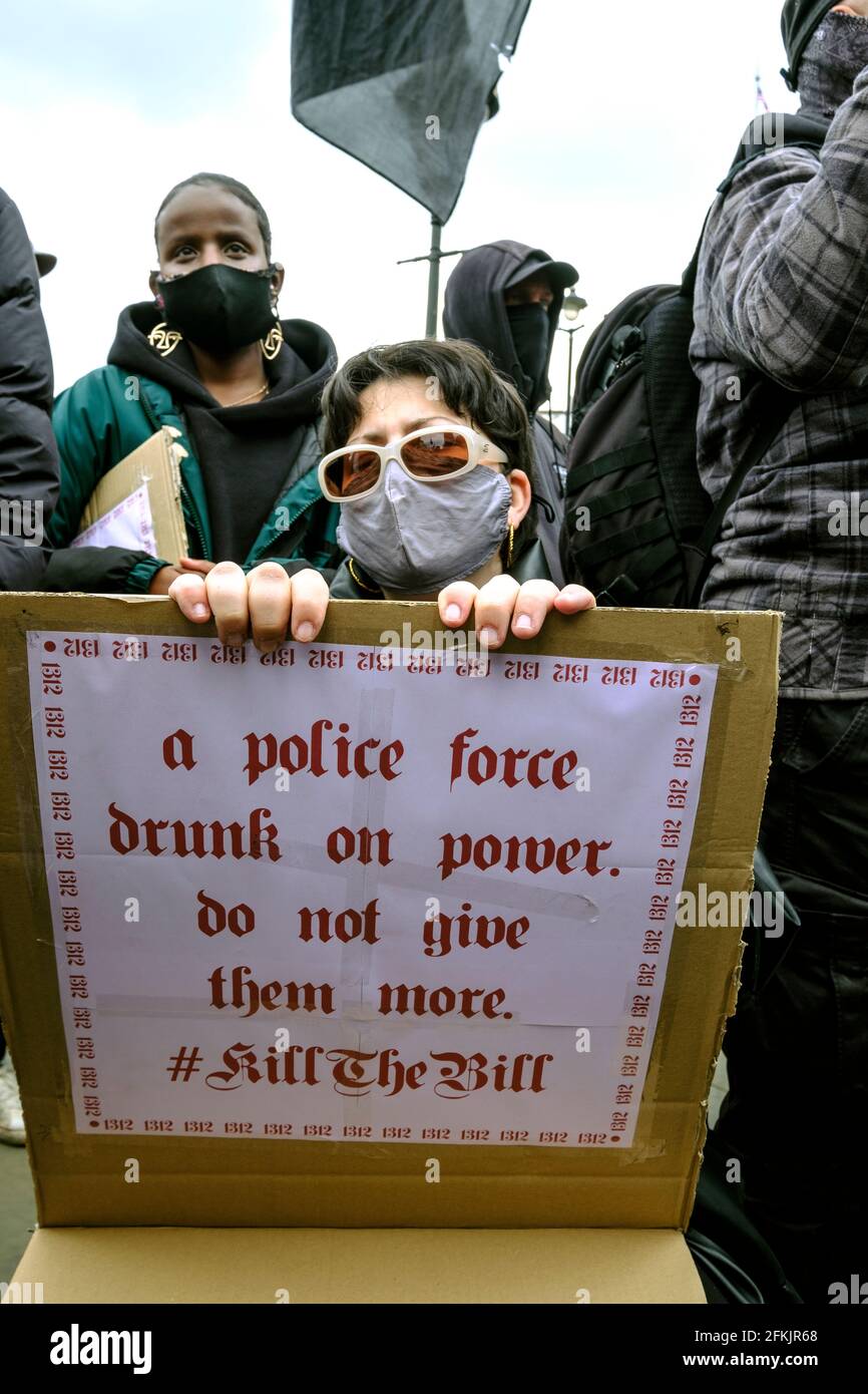 Kill the Bill May Day Protest and demonstration  London UK, 1 May 2021.  Thousands Marched through from Trafalgar Sq protesting against newly proposed police, crime, sentencing and courts bill taking away freedom of speech and assembly. Stock Photo