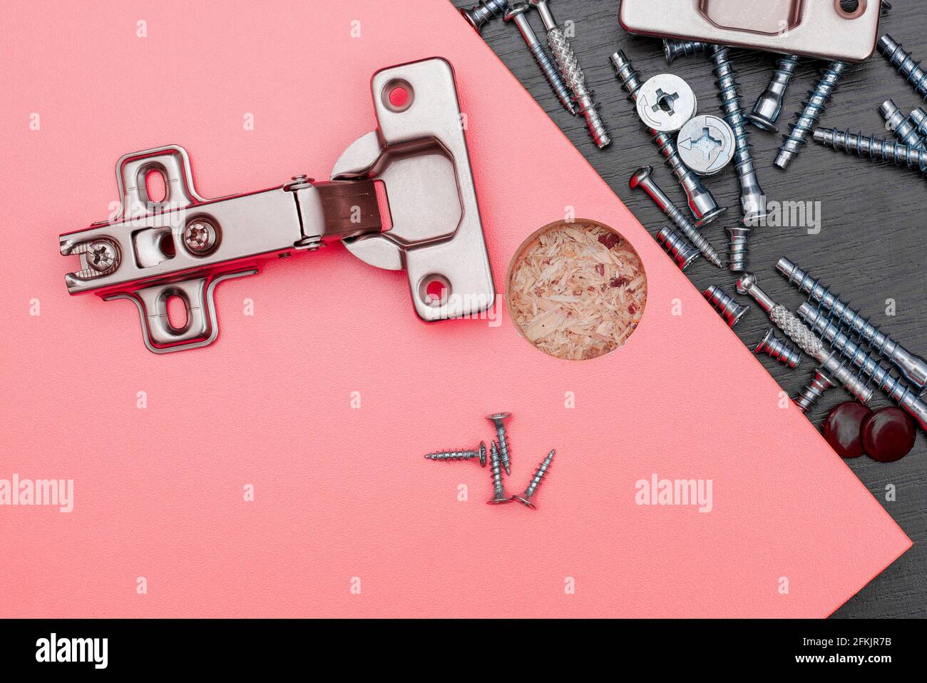 Closeup of various furniture fittings. Furniture assembly kit