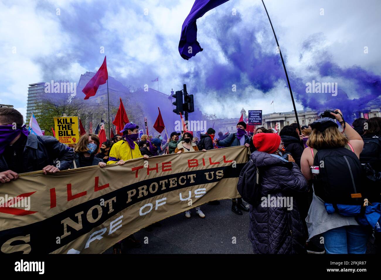 Kill the Bill May Day Protest and demonstration  London UK, 1 May 2021.  Thousands Marched through from Trafalgar Sq protesting against newly proposed police, crime, sentencing and courts bill taking away freedom of speech and assembly. Stock Photo