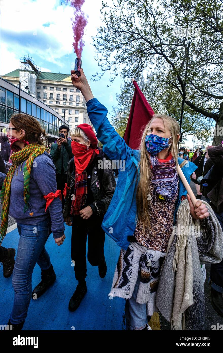 Kill the Bill May Day Protest and demonstration  London UK, 1 May 2021.  Thousands Marched through from Trafalgar Sq protesting against newly proposed police, crime, sentencing and courts bill taking away freedom of speech and assembly. Stock Photo