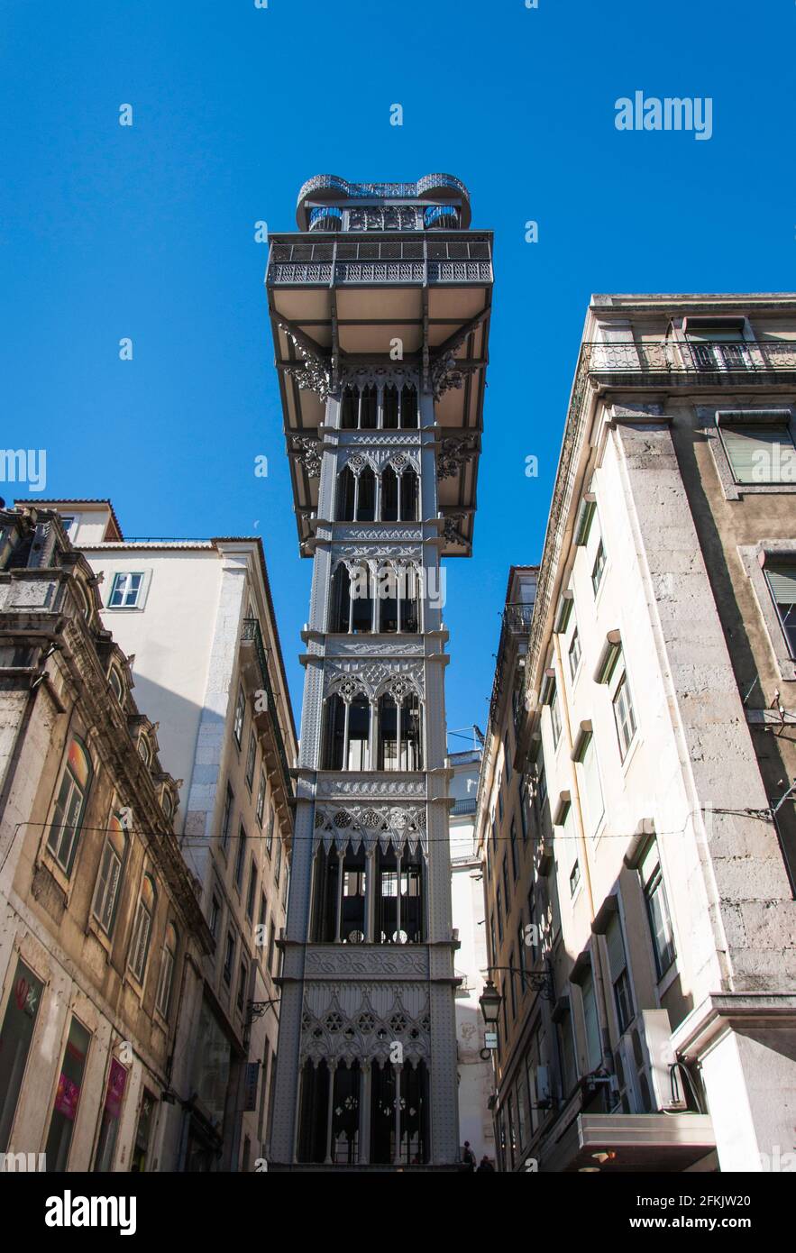 Elevador de Santa Justa: Elevator in Lisbon. It is a beautiful summer day with a clear blue sky Stock Photo