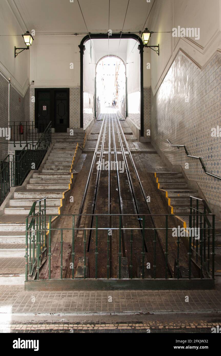 Staion, the Glória funicular, also known as the Elevador da Glória. It connects downtown Pombaline with the Carris-operated Bairro Alto. Stock Photo