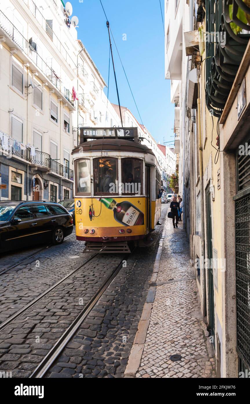 The famous tram in Lisbon. Stock Photo