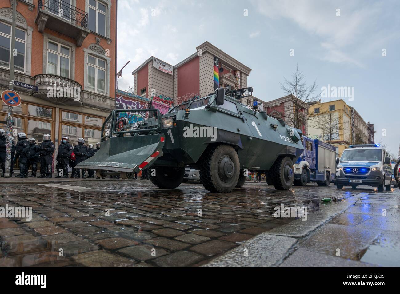 Hamburg, Germany - May 1, 2021: Bulldozer, Light-Wheeled Tank Of German Riot  Police On Schulterblatt Street In Sternschanze, Hamburg, During Protests  Stock Photo - Alamy