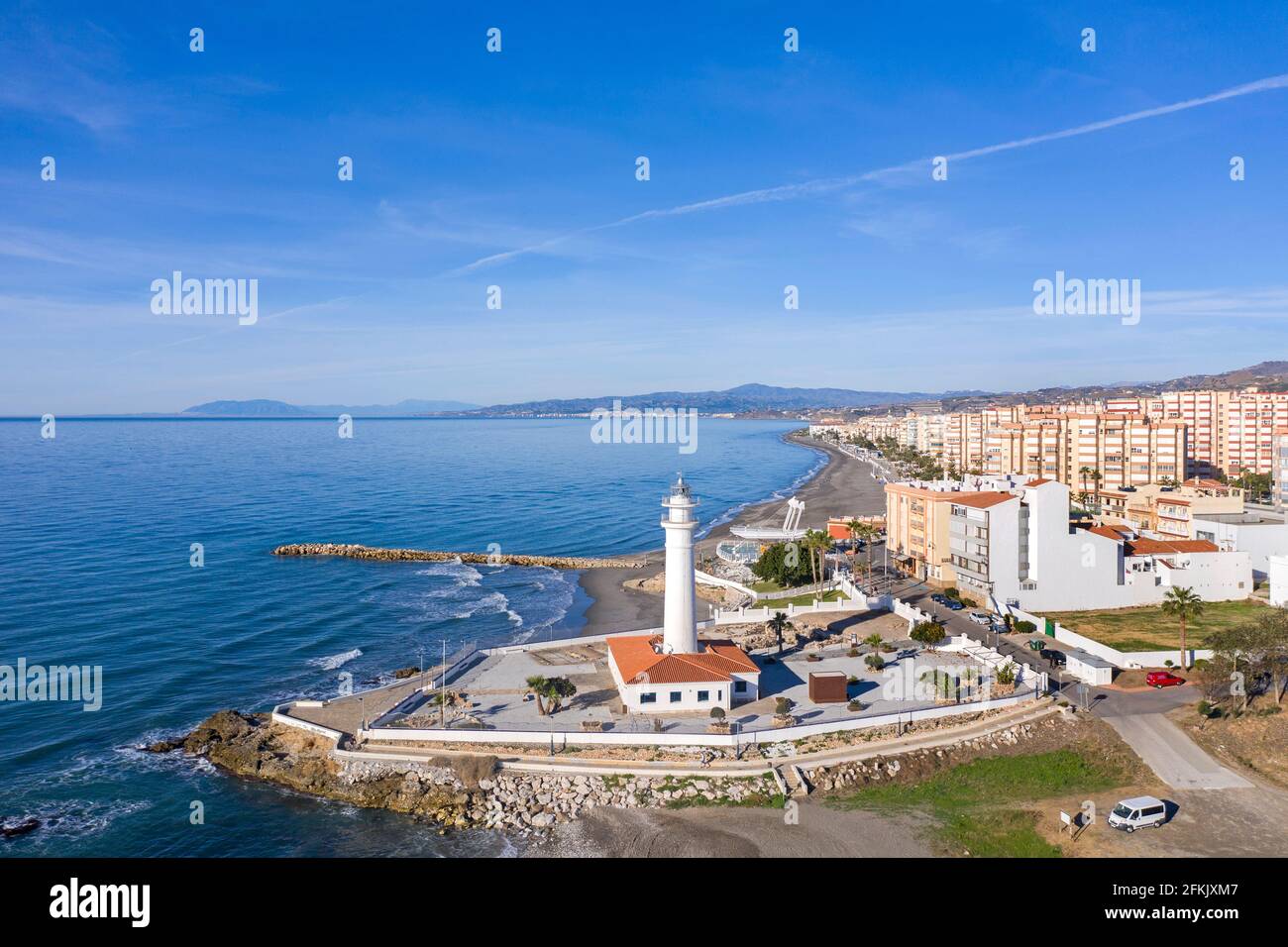 Faro de Torrox, the  lighthouse is the landmark of the town Torrox-Costa, Andalucia, Costa del Sol, Spain Stock Photo