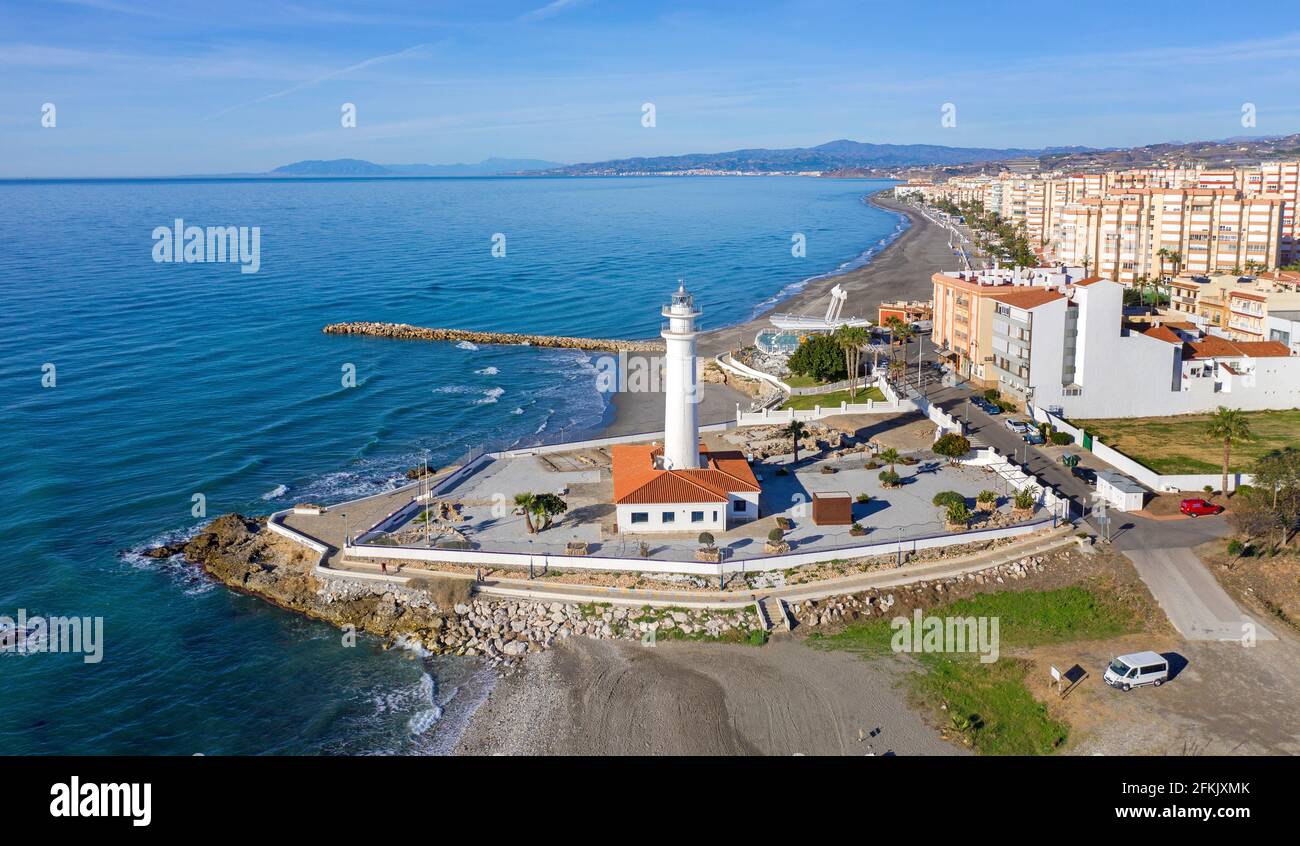 Faro de Torrox, the  lighthouse is the landmark of the town Torrox-Costa, Andalucia, Costa del Sol, Spain Stock Photo