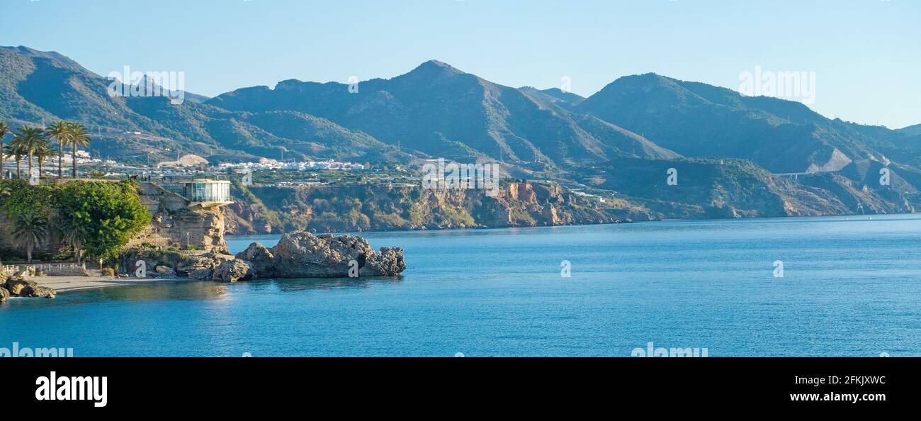 Panoramic view, Balcony of Europe, viewing platform and landmark of the coast town Nerja, Andalucia, Costa del Sol, Spain Stock Photo