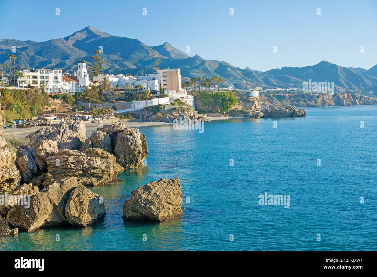 Panoramic view of Nerja, with Balcony of Europe, viewing platform and landmark of the coast town, Andalucia, Costa del Sol, Spain Stock Photo