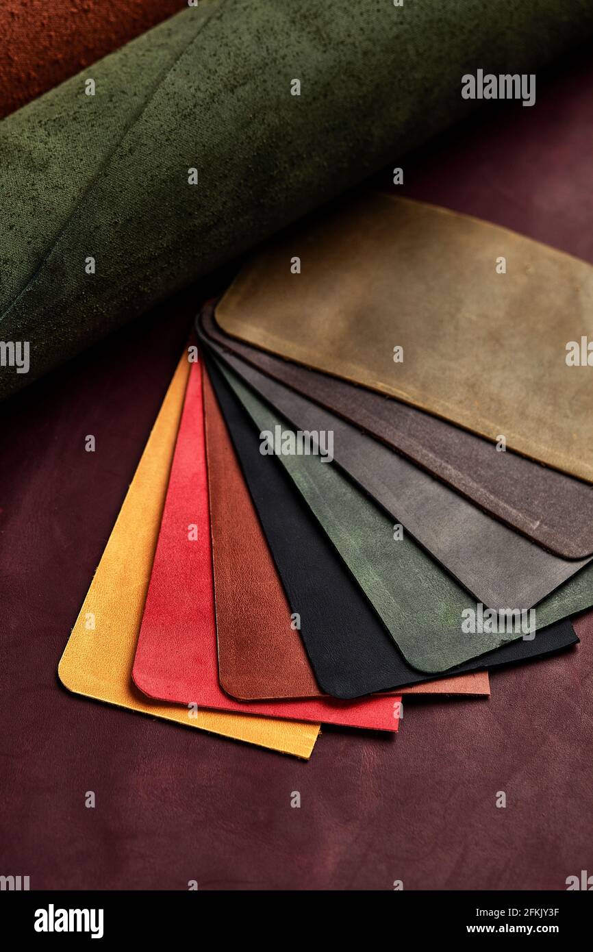 Artificial leather samples on a cow leather background. Top view Stock Photo