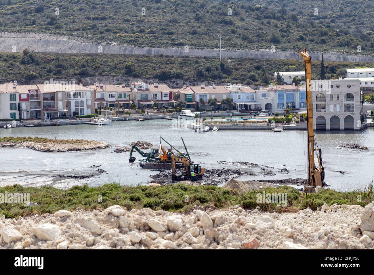 Alacati, Cesme, Izmir - Turkey- 04-25-2021: Construction works in Alacati Wetland. Alacati Port Project. Stock Photo
