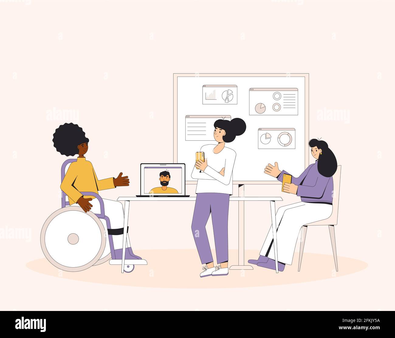 Brainstorming business meeting. Diverse group of professionals working together on a project. Teamwork. Coworkers talking about their startup idea. Ve Stock Vector