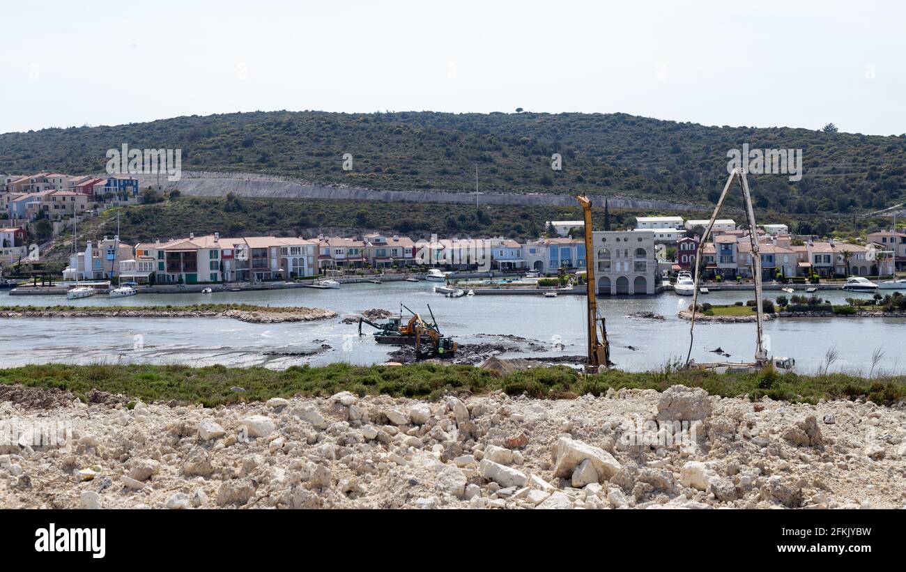 Alacati, Cesme, Izmir - Turkey- 04-25-2021: Construction works in Alacati Wetland. Alacati Port Project. Stock Photo