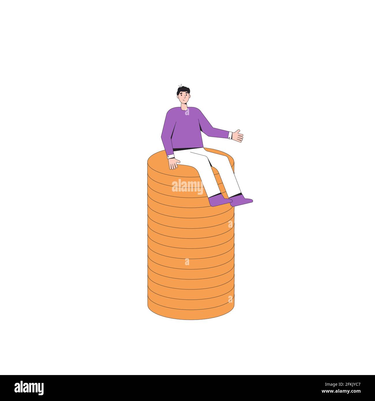 Man With Money Male Character Sitting On Huge Stack Of Coins Adult Person With Income Vector