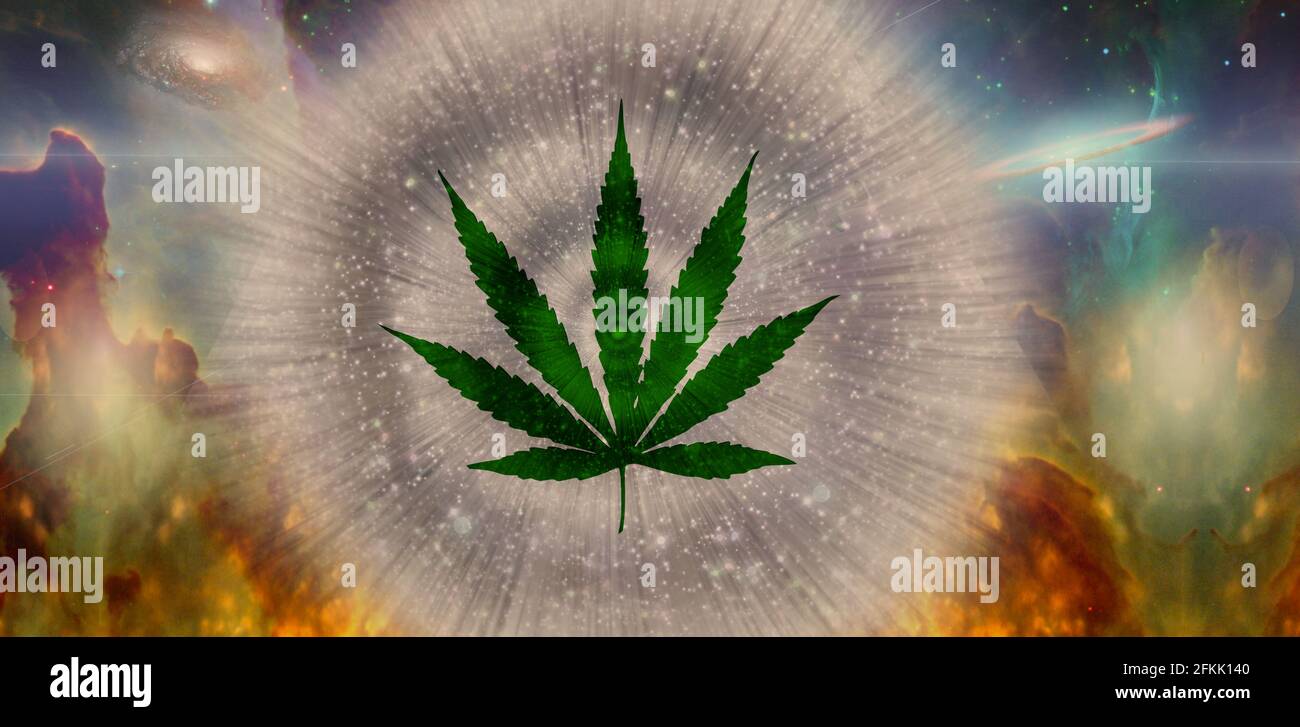 Marijuana leaf in vivid space background. 3d rendering Stock Photo - Alamy