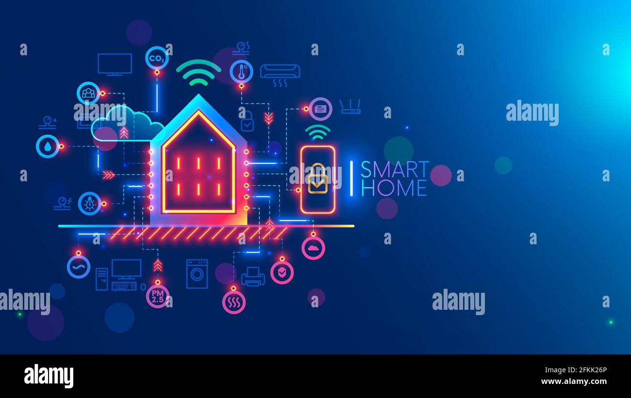 Smart home system concept. Phone controls works, safety of smart devices in house. Smartphone app of monitoring, setting of algorithm autonomous works Stock Vector