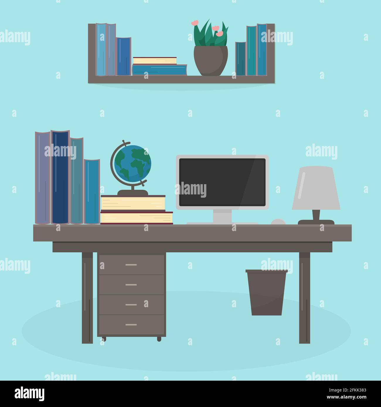 Vector illustration in flat style of table with computer, books, lamp ...
