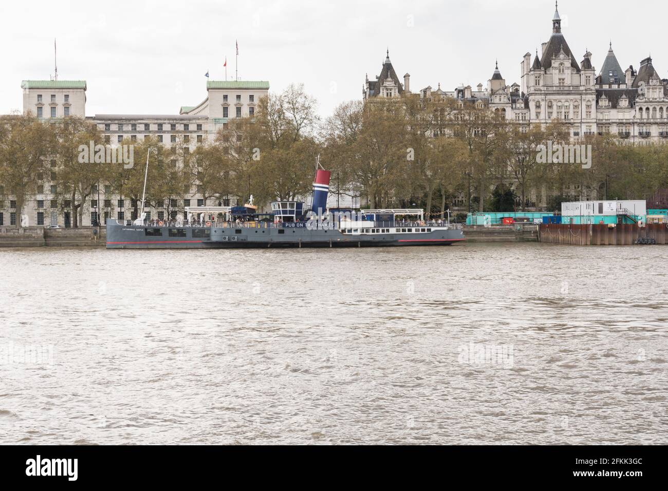 A moored SS Tattershall Castle, aka the Pub On The Thames, on the Victoria Embankment next to the Savoy Hotel, London, England, UK. Stock Photo