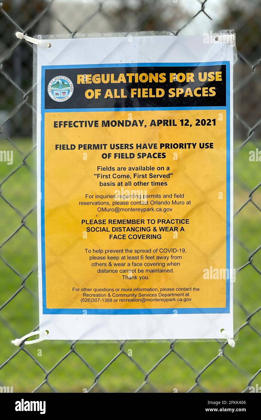 A regulations for field use at La Loma Park amid the global coronavirus COVID-19 pandemic, Sunday May, 2, 2021, in Monterey Park, Calif. Stock Photo