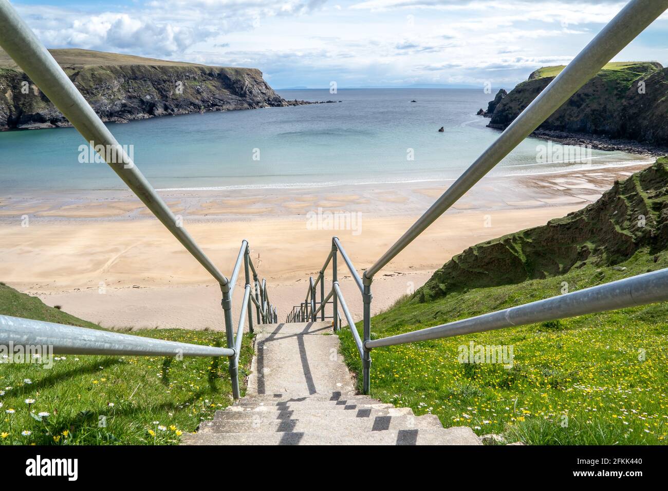 The stairs down to the Silver Strand in County Donegal - Ireland. Stock Photo