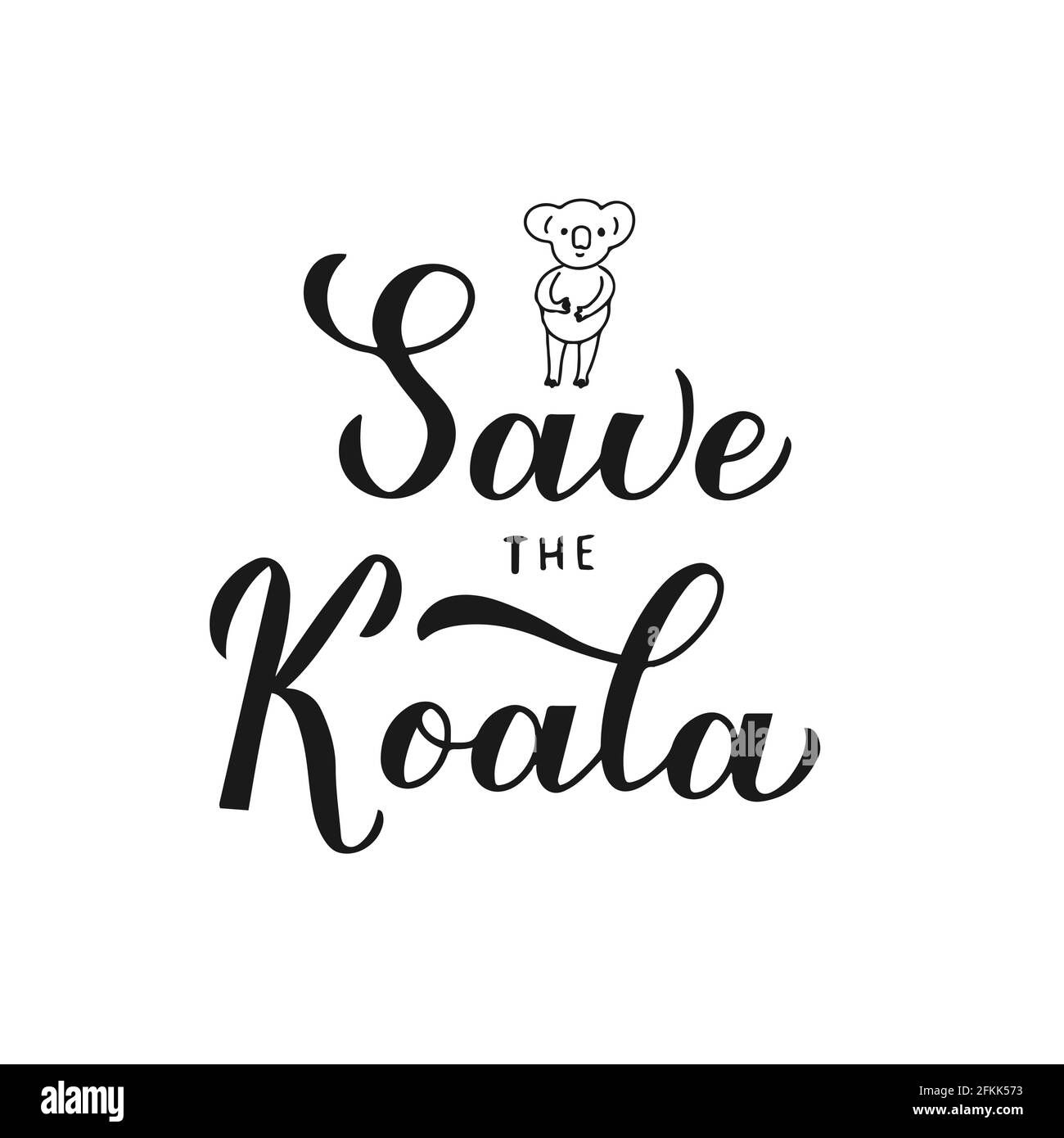 Save the koala lettering hand drawn baby koala isolated on white. Affected animals from fires concept. Vector template for banner, typography poster, Stock Vector
