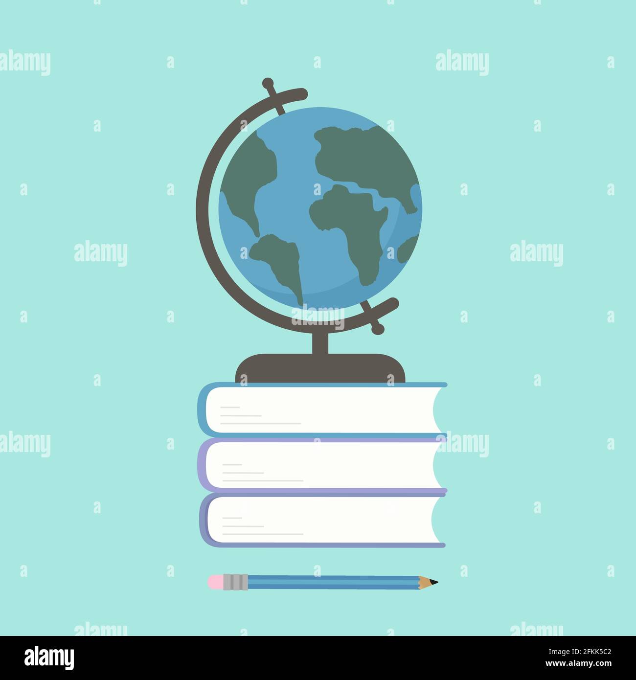 Globe on a stack of books and pencil on mint green background. Flat ...