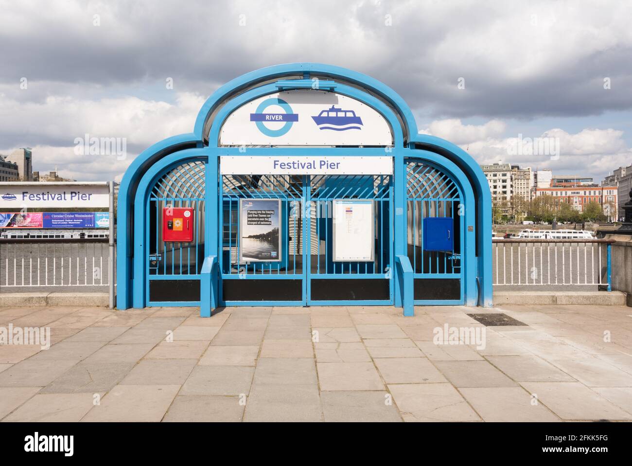 A closed Festival Pier on the River Thames, Southbank, Waterloo, London, England, UK Stock Photo