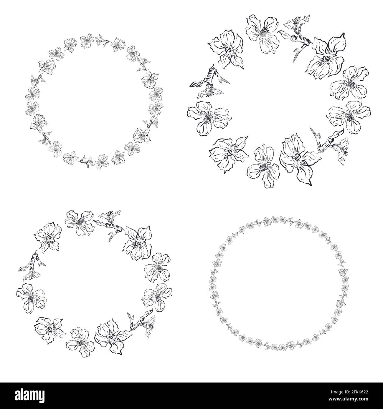 Set of flower round frames for wedding design. Realistic sakura blossom. Hand drawn blooming