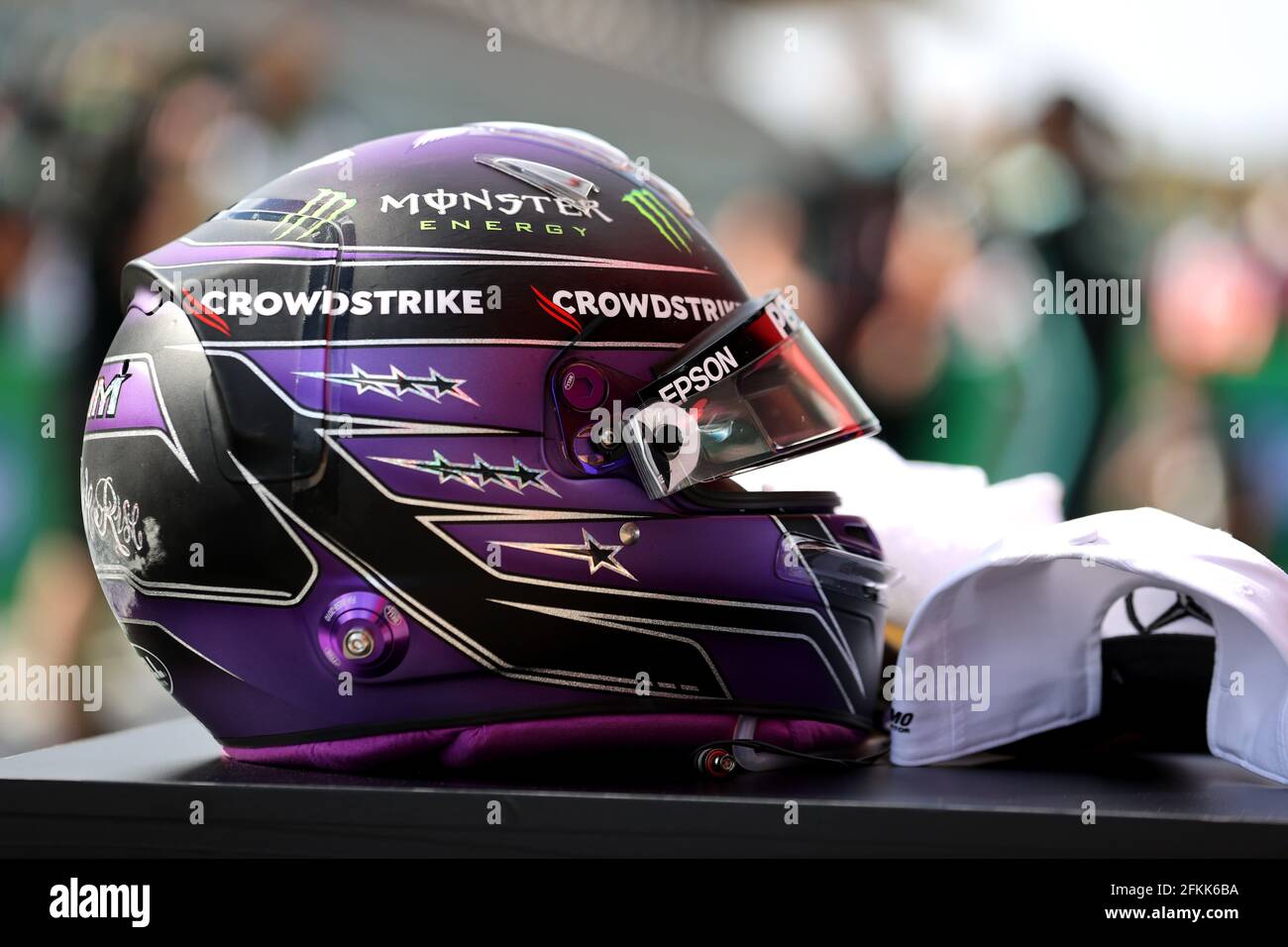 The helmet of race winner Lewis Hamilton (GBR) Mercedes AMG F1 in parc  ferme. 02.05.2021. Formula 1 World Championship, Rd 3, Portuguese Grand  Prix, Portimao, Portugal, Race Day. Photo credit should read: