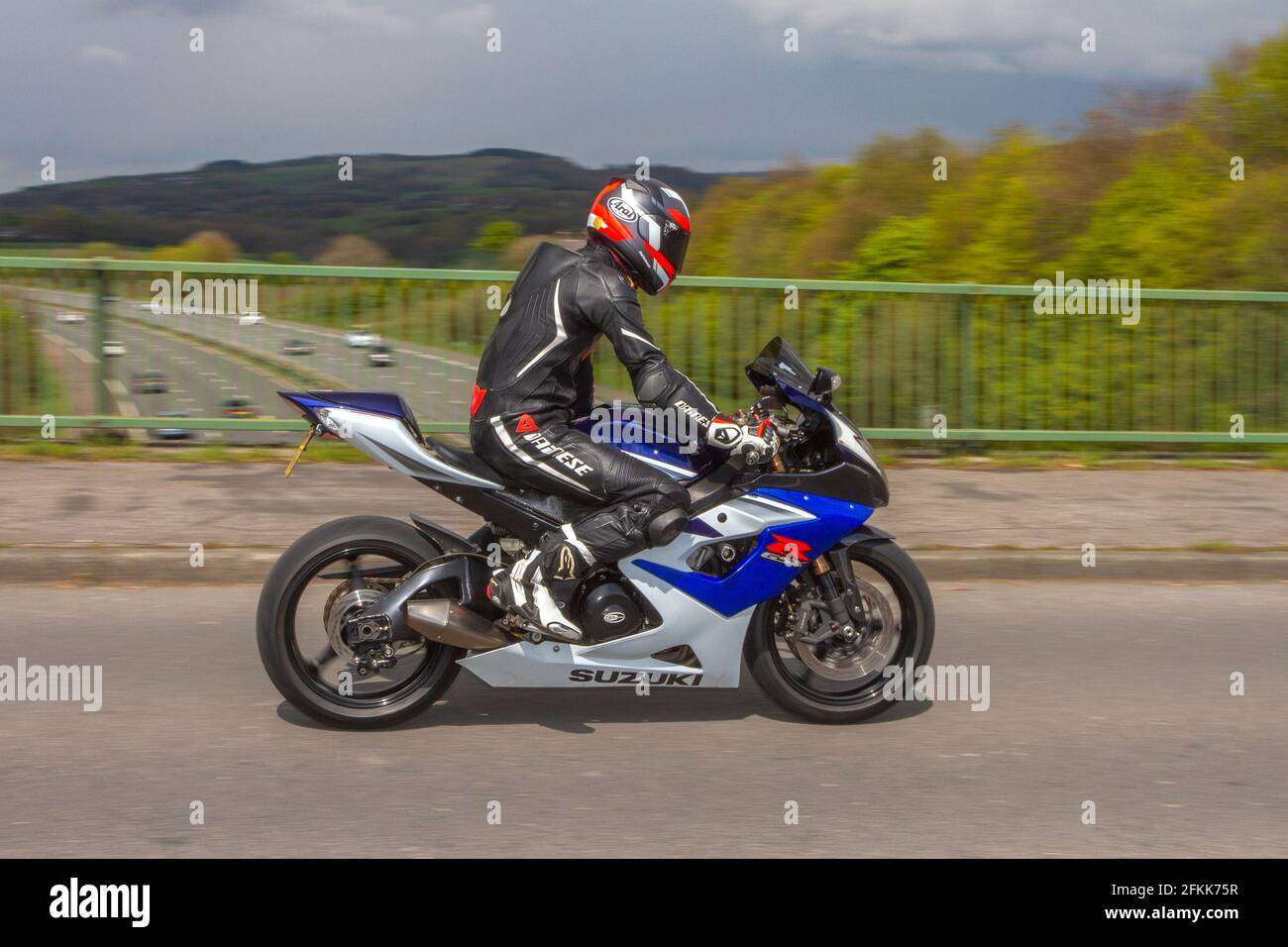 2005 Suzuki Gsxr 1000 K5 ; Motorbike rider; two wheeled transport, motorcycles, vehicle, roads, motorbikes, motorcycle bike riders motoring in Chorley, UK Stock Photo