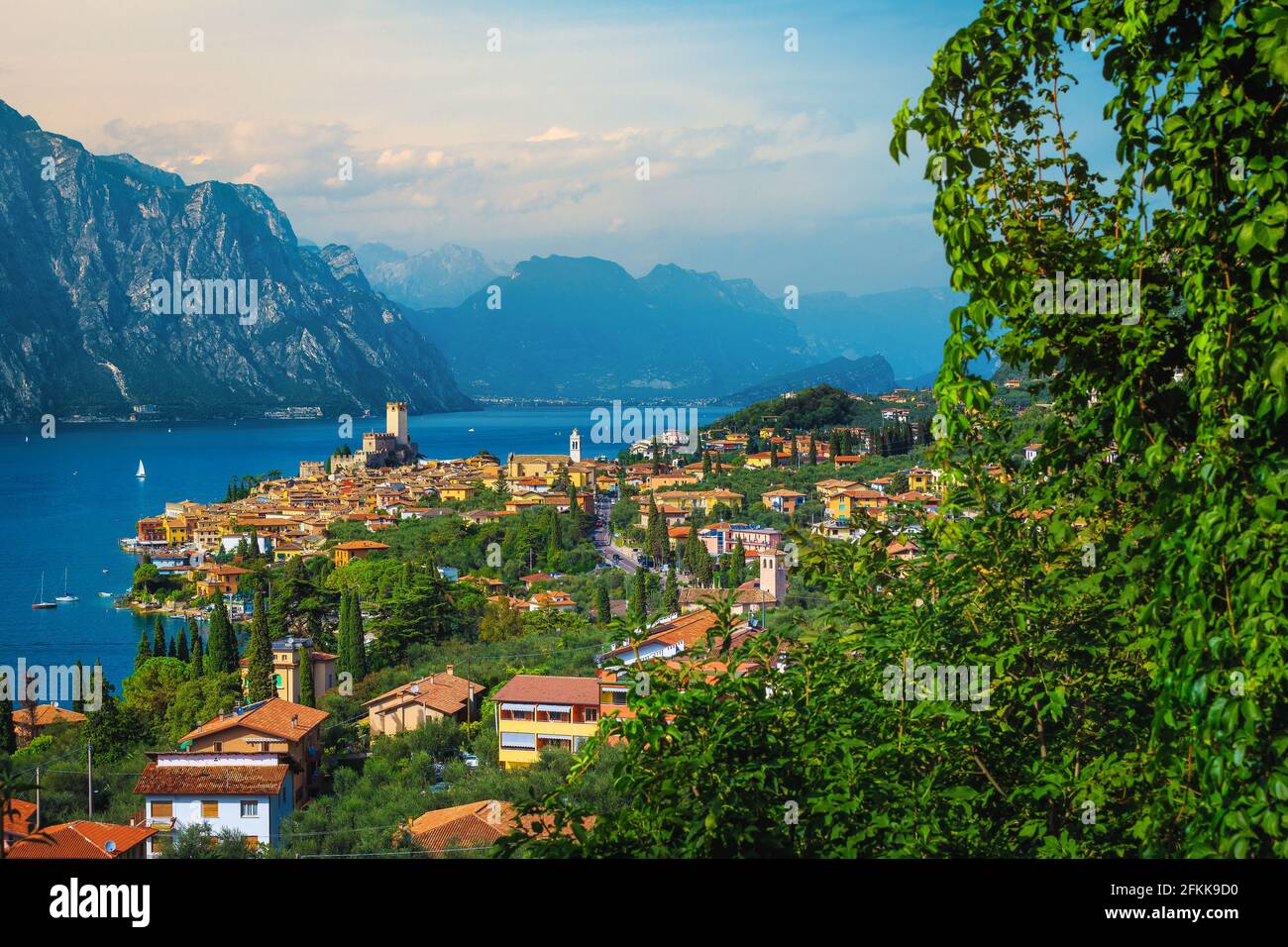 Malcesine cityscape with lake Garda view from the hill. Famous travel and touristical destination, Italy, Europe Stock Photo