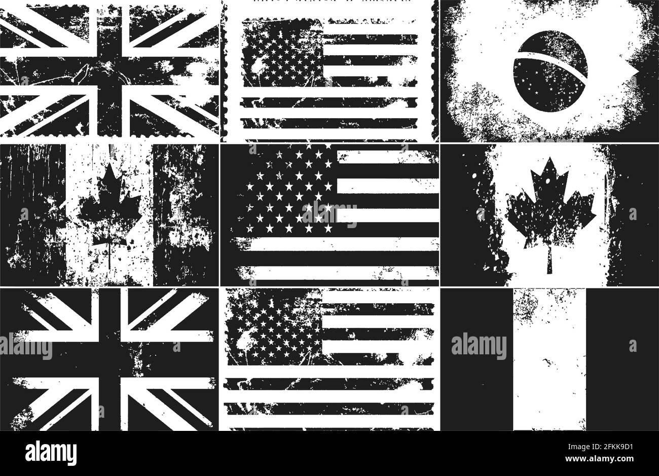 Set of distressed grunge flags of United Kingdom, USA, Canada, Germany, Brazil. EPS8 vector illustration. Stock Vector