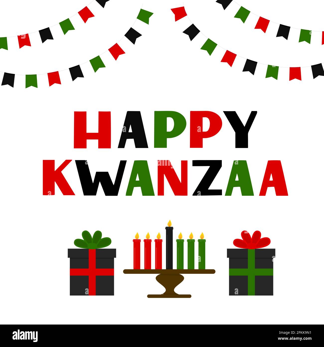 Happy Kwanzaa hand lettering with flags, candles and gift boxes. African American holiday. Vector template for typography poster, banner, greeting car Stock Vector