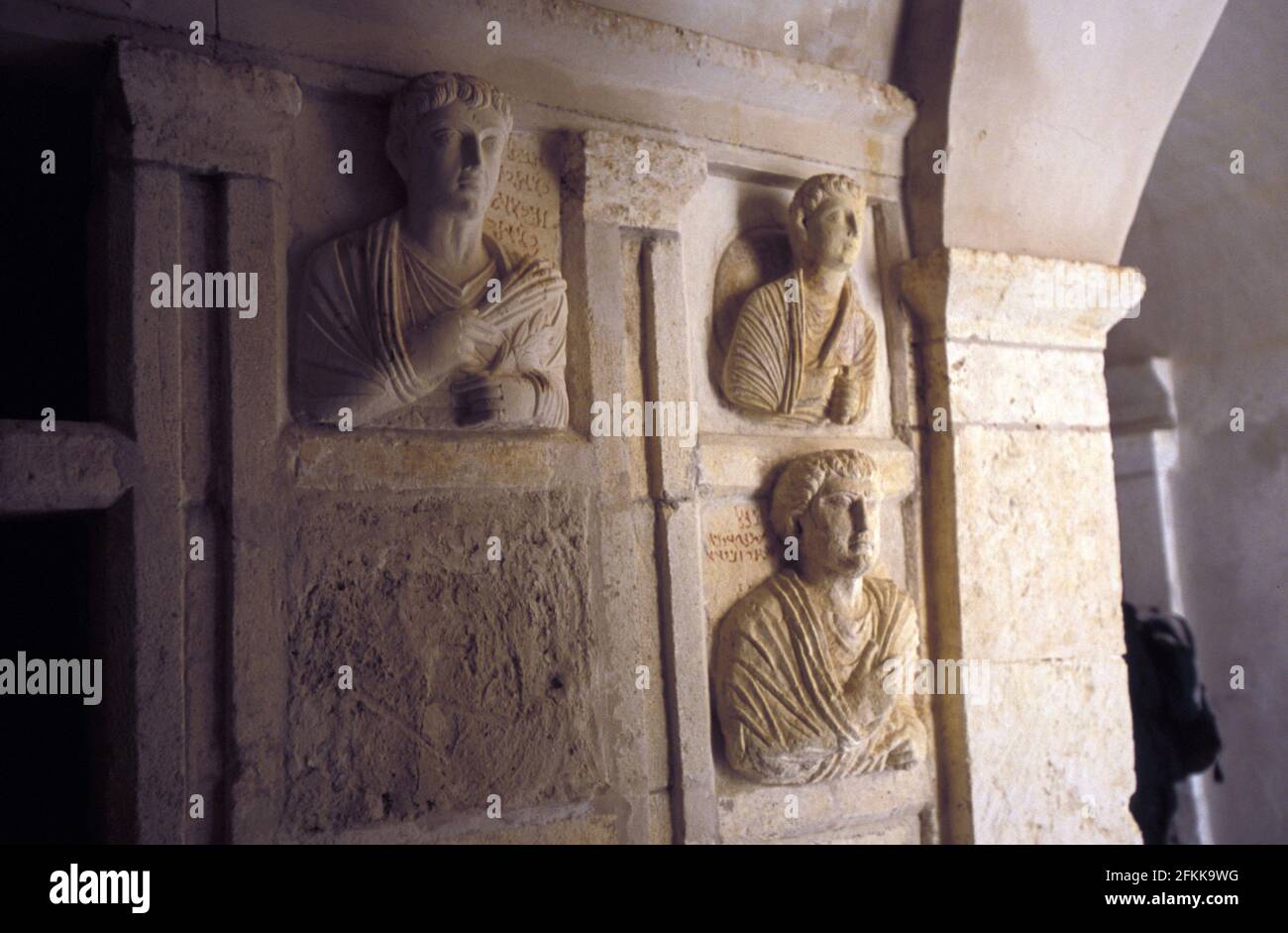 Palmyrene funerary portrait , Palmyrene loculi (burial chambers), Palmyra, Syria Stock Photo