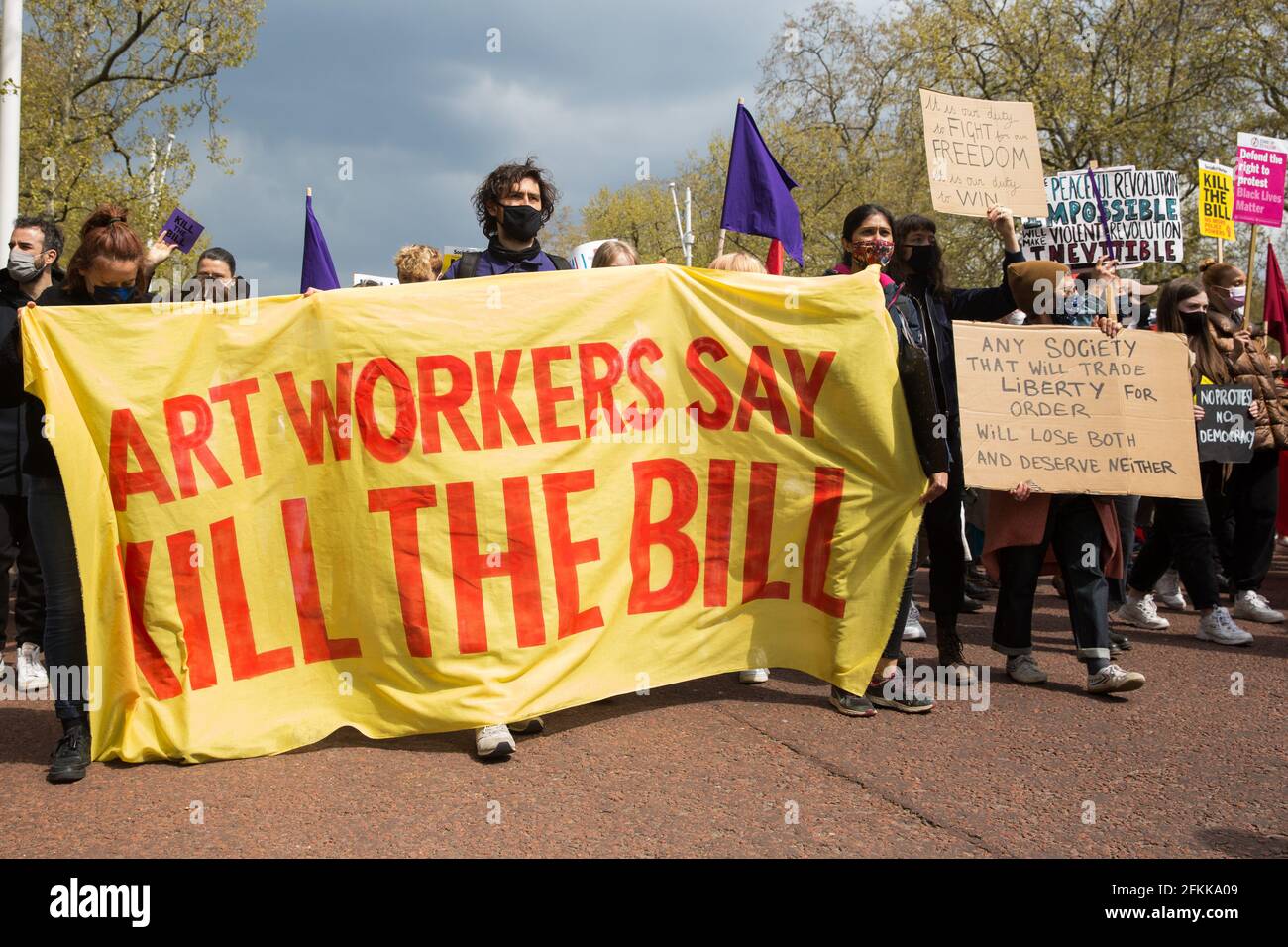 London, UK. 1st May, 2021. Art workers join thousands of people marching along the Mall during a Kill The Bill demonstration as part of a National Day of Action to coincide with International Workers Day. Nationwide protests have been organised against the Police, Crime, Sentencing and Courts Bill 2021, which would grant the police a range of new discretionary powers to shut down protests. Credit: Mark Kerrison/Alamy Live News Stock Photo