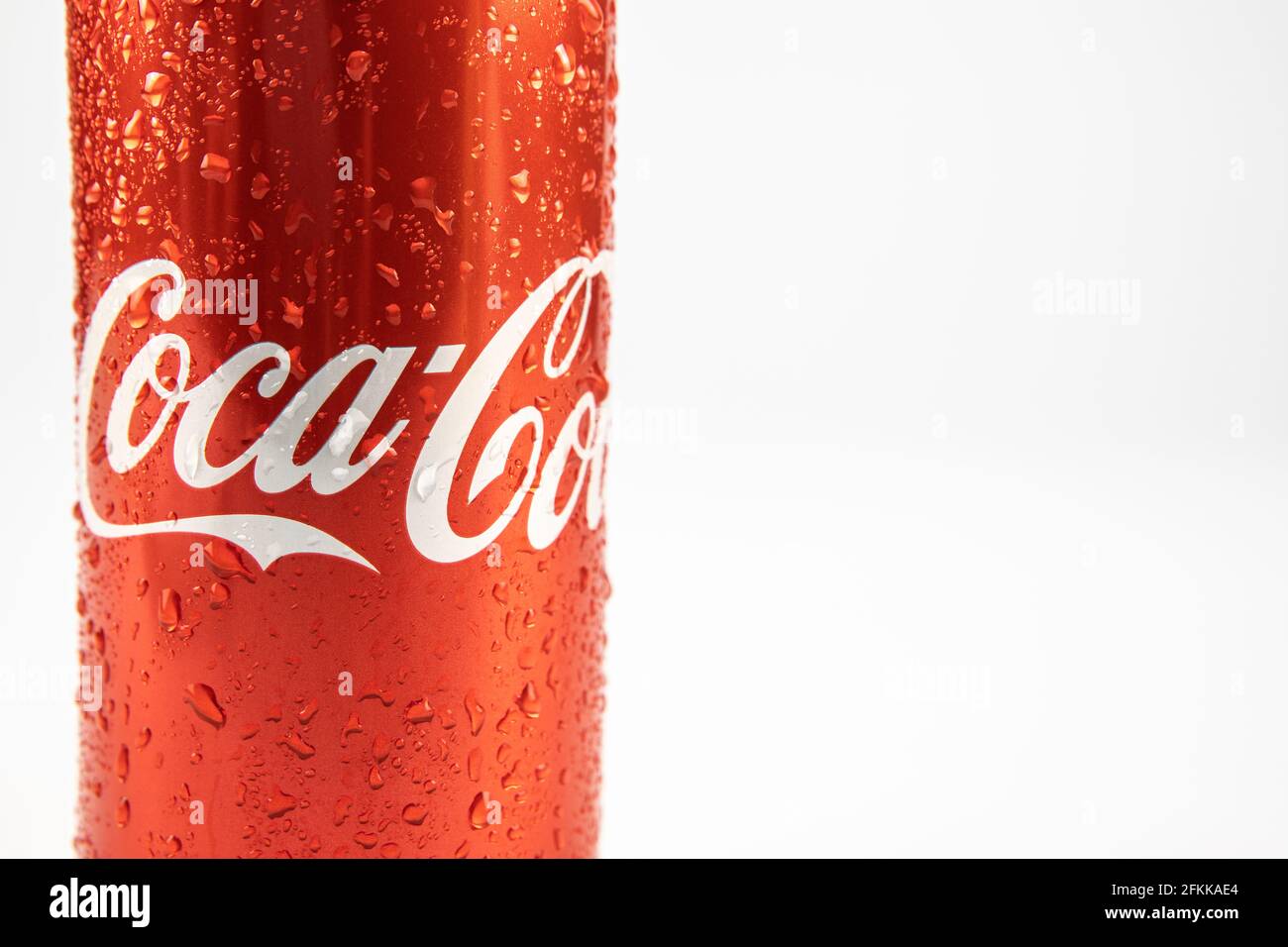 Lviv, Ukraine - April 22, 2021: metal coca cola can bottle on white background close up Stock Photo