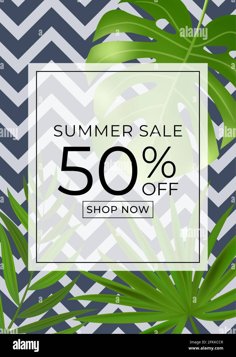 Summer sale poster. Natural Background with Tropical Palm and Monstera ...