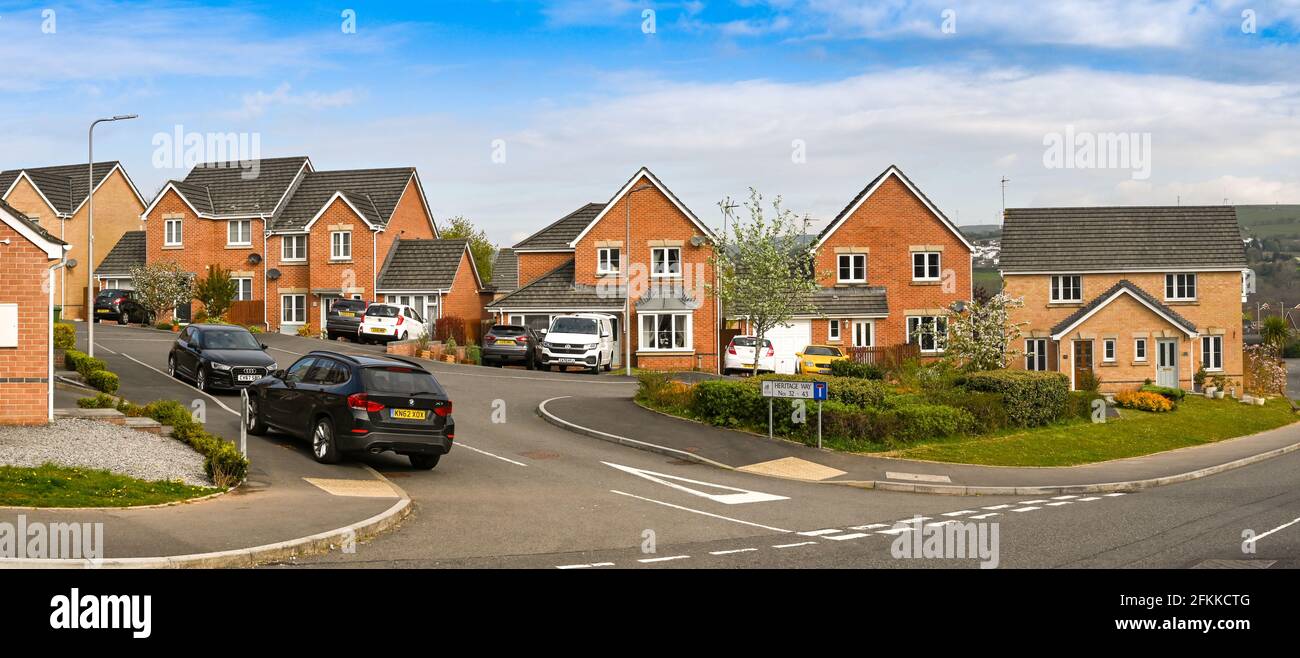 Llanharan, South Wales April 2021 Panoramic view of new detached