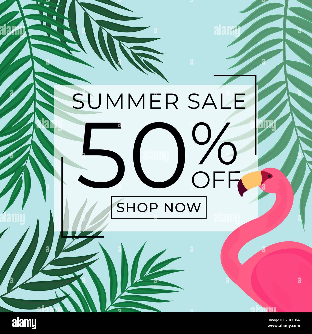 Abstract Summer Sale Background with palm leaves and flamingo. Vector ...