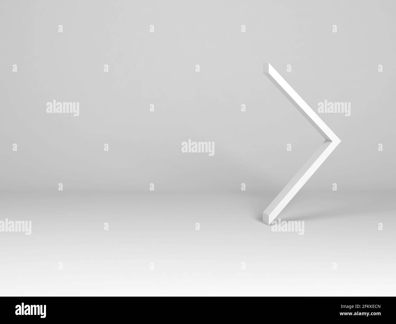 Corner sign stands in an empty white studio. Right arrow abstract installation, 3d rendering illustration Stock Photo
