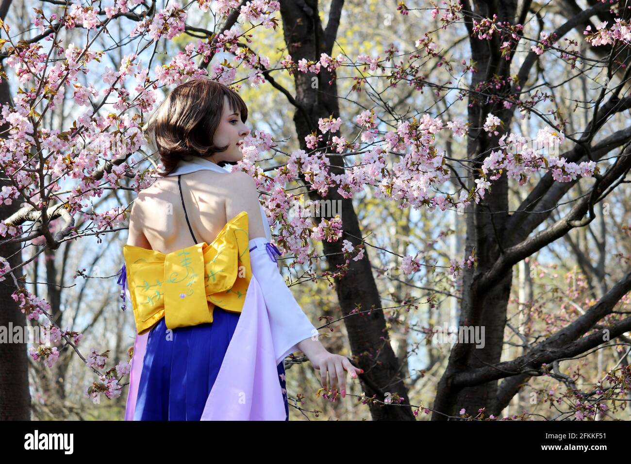 Pretty girl in a traditional Japanese dress posing on background of