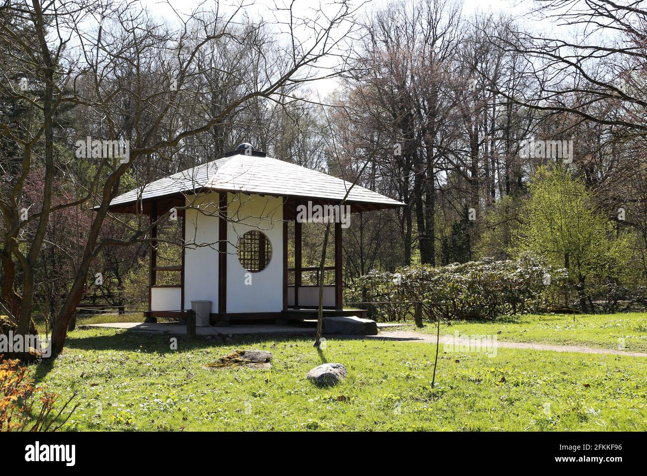 Traditional gazebo in japanese garden, oriental culture. House built in