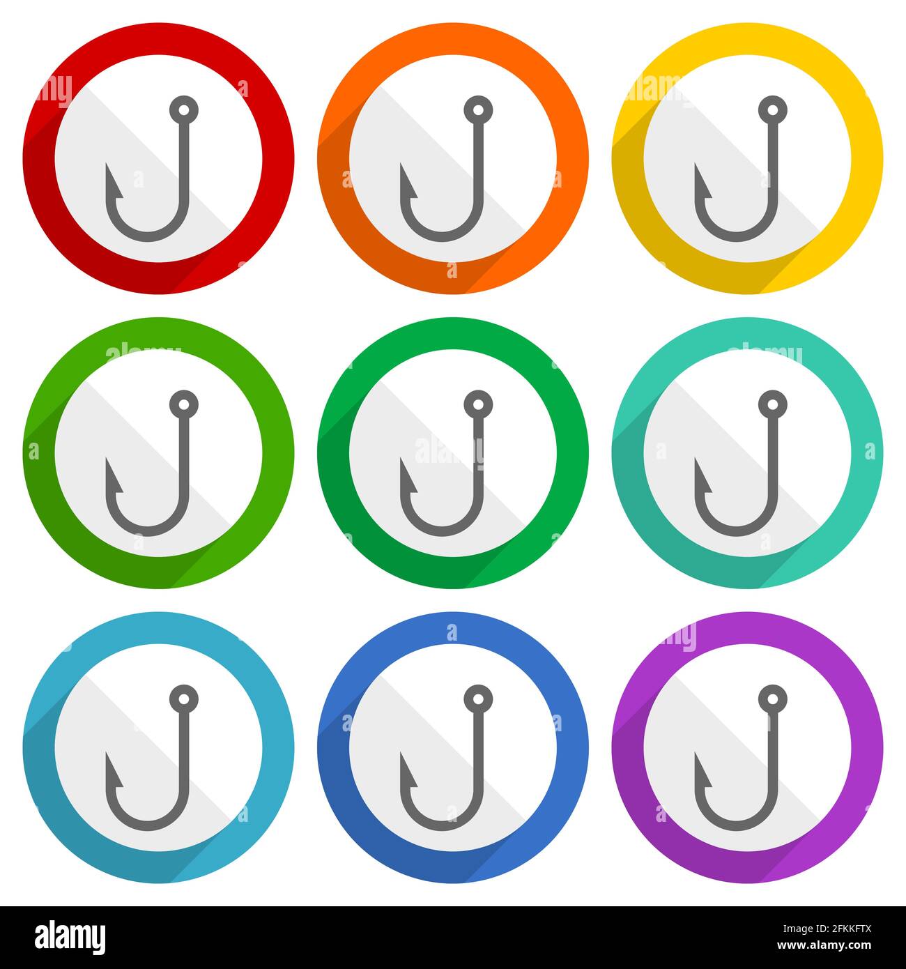 Fishing hook vector icons, set of colorful flat design buttons for