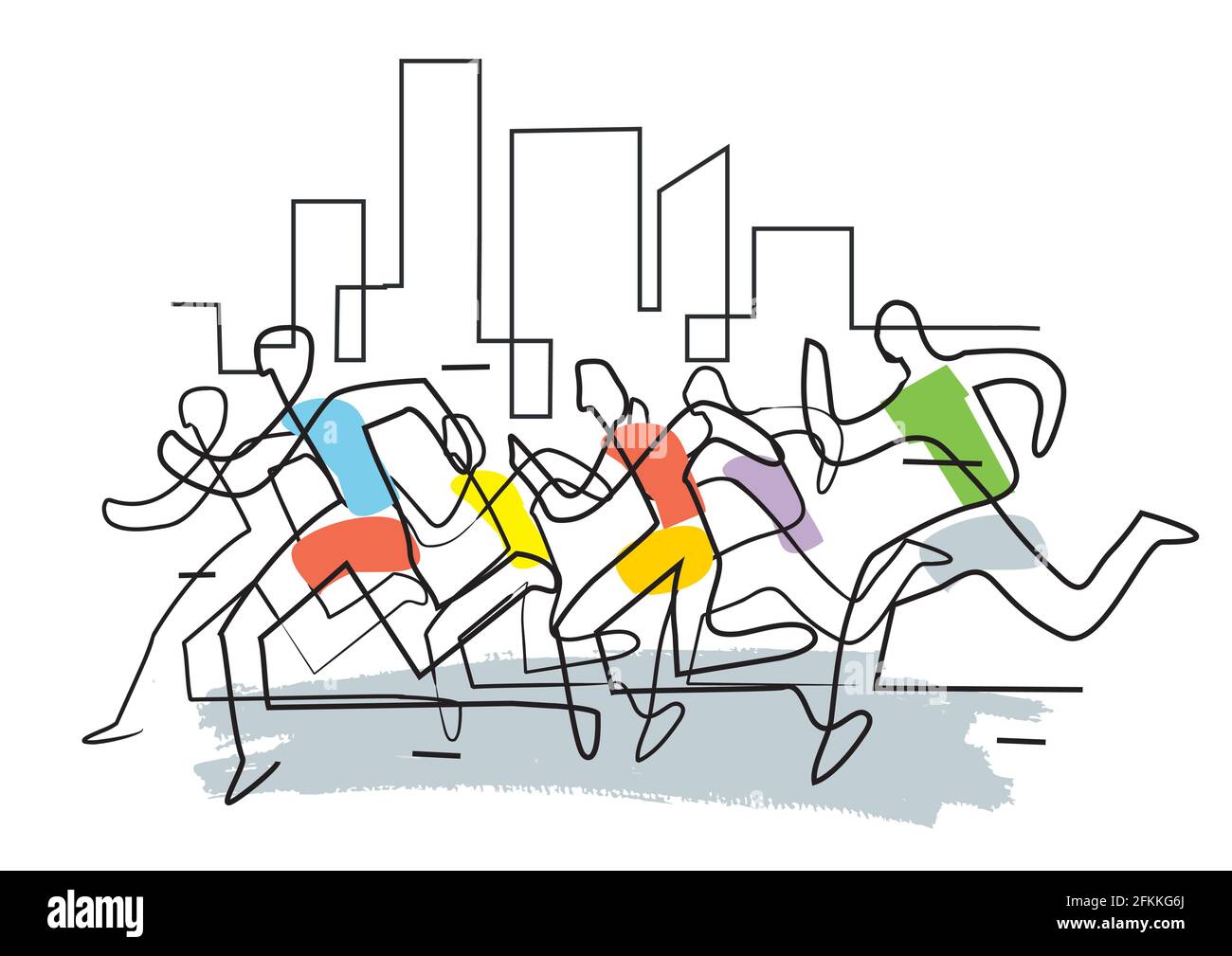 Marathon runners in a city,Jogging. llustration of runners with continuous line drawing design. Vector available Stock Vector