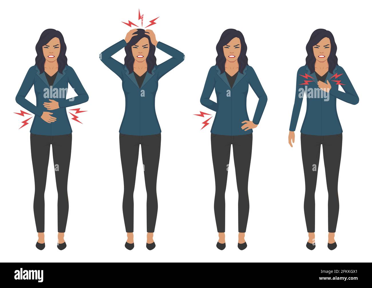 vector illustration of a sick woman with ache problems, head chest back