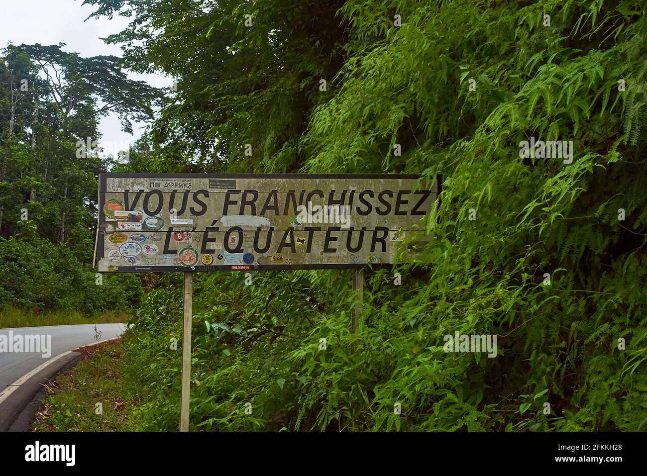 Equator road sign in Gabon in French language, Africa Stock Photo