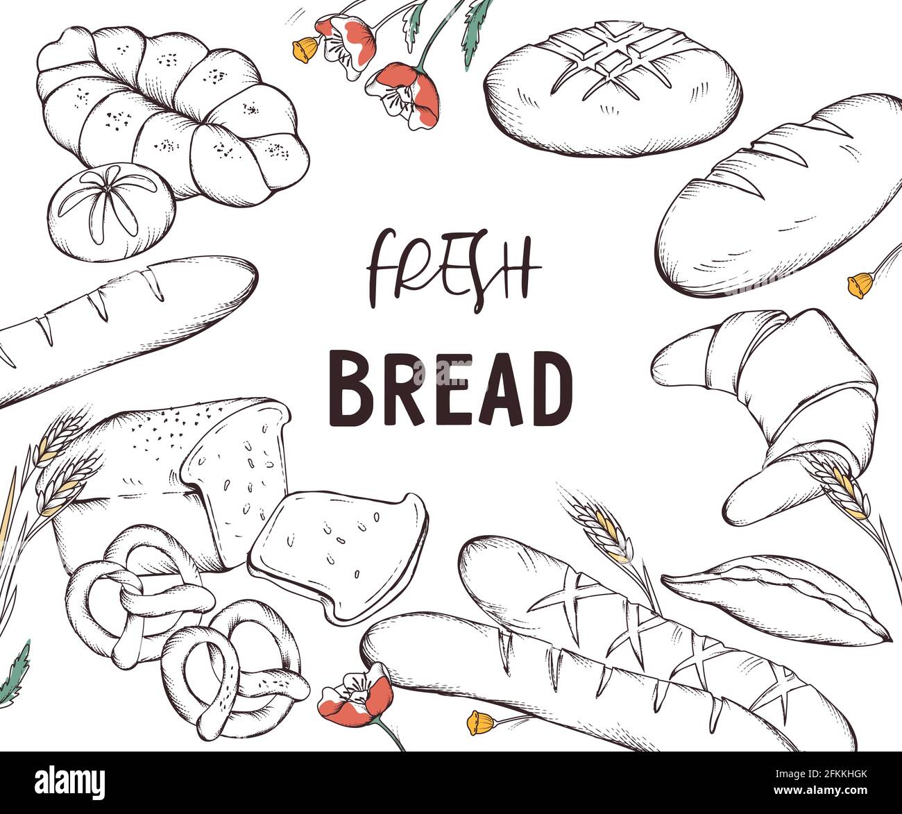 Banner or poster template with hand drawn image of various bread and bakery production. Banner for bakeshop or bakehouse, engraving sketch style vecto Stock Vector