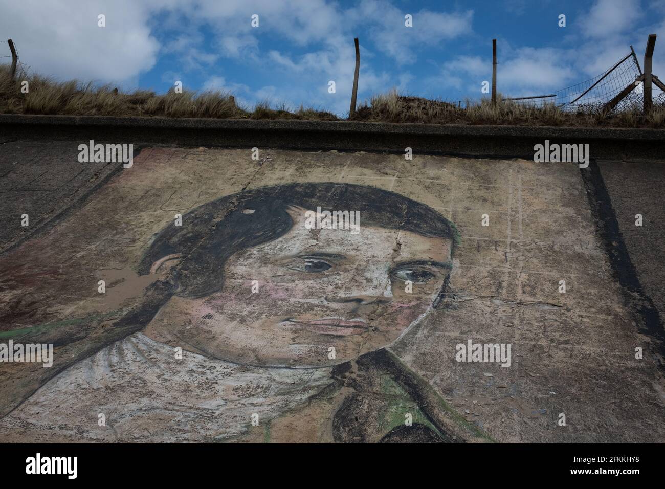 Portrait of Scottish poet Robert Burns, painted on a concrete wall on Ardeer beach, in Ardeer, Scotland, on 2 May 2021. Stock Photo