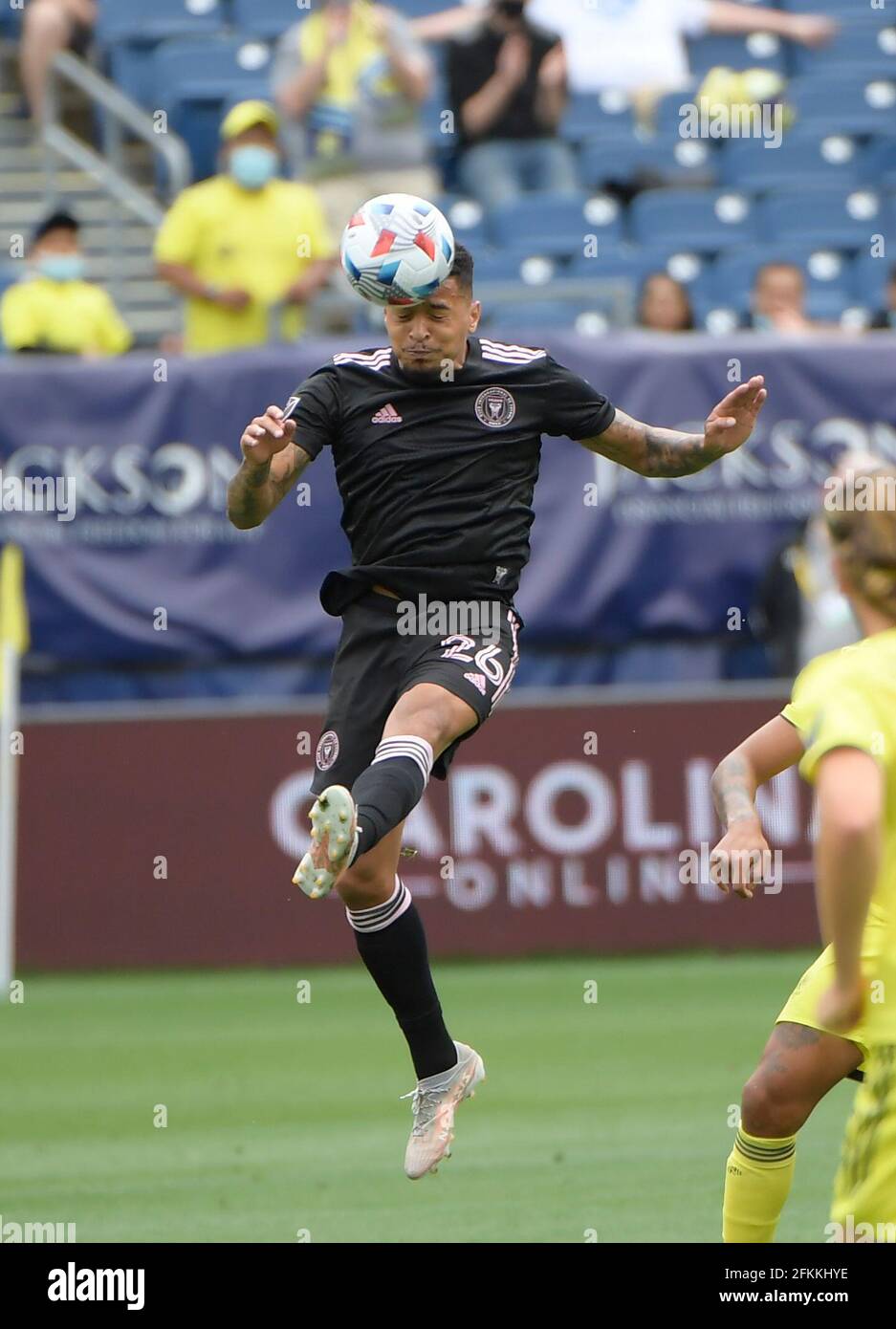 May 2, 2021: Inter Miami CF midfielder Gregore (26) heads the ball against the Nashville SC during the first half of an MLS game between the Inter Miami CF and the Nashville SC at Nissan Stadium in Nashville TN (Mandatory Photo Credit: Steve Roberts/CSM) Stock Photo