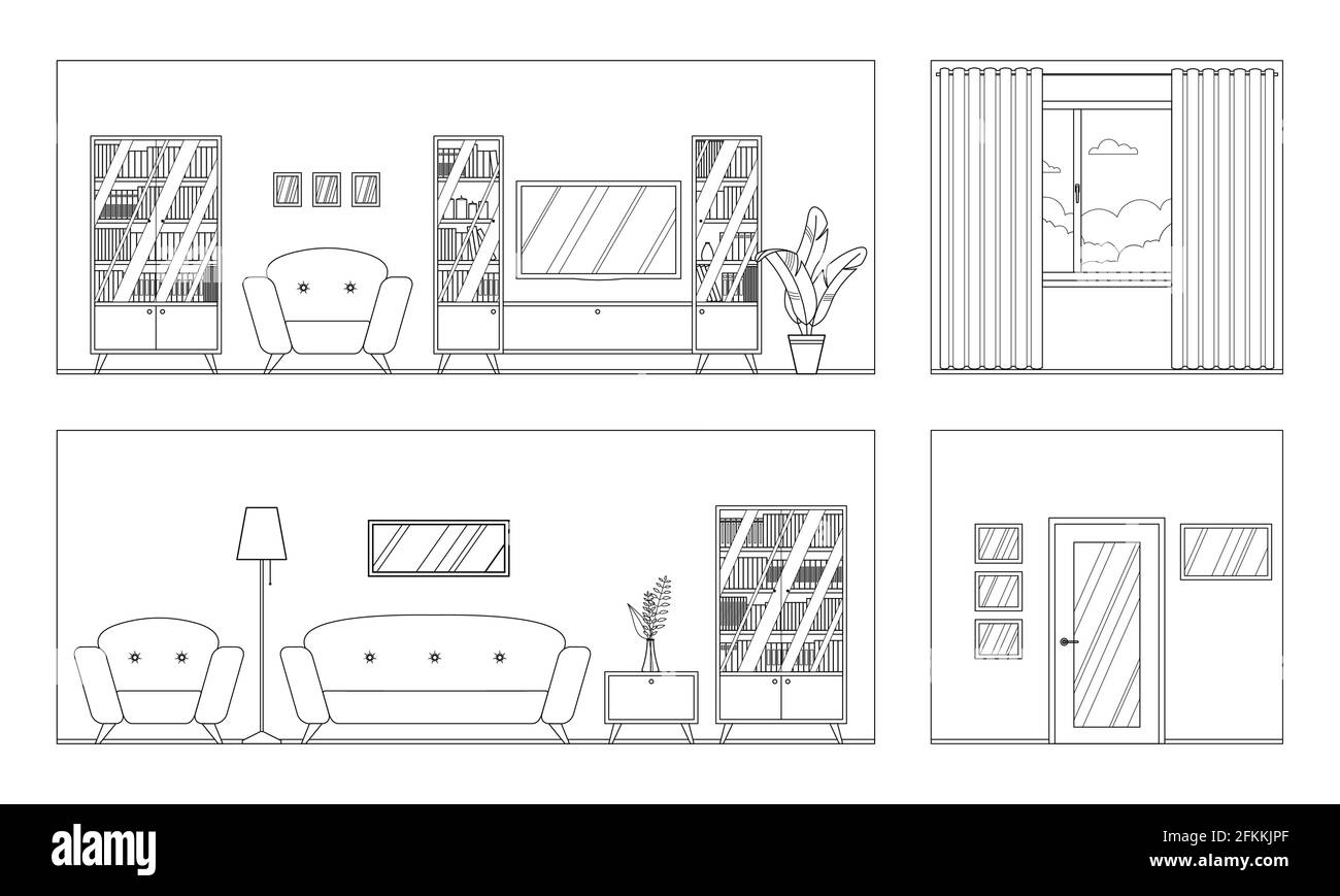 Vector outline panorama of the living room interior with furniture; room scan. Four walls; window, door, comfortable sofa, armchairs, bookcase, TV. Fo Stock Vector