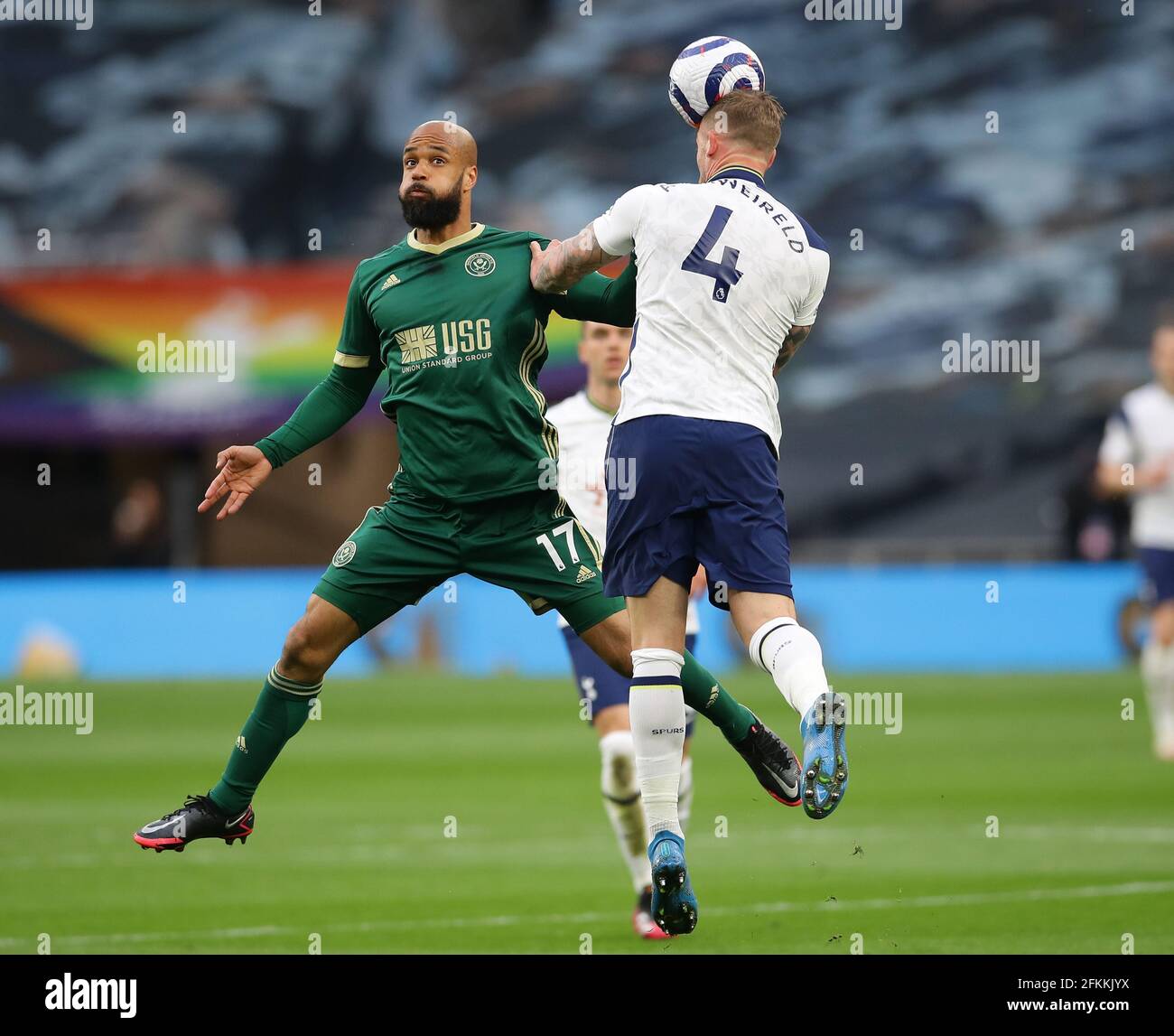 London, England, 2nd May 2021. David McGoldrick of Sheffield Utd challenges Toby Alderweireld of Tottenham  during the Premier League match at the Tottenham Hotspur Stadium, London. Picture credit should read: David Klein / Sportimage Credit: Sportimage/Alamy Live News Stock Photo